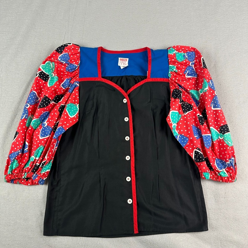 Vtg Jeanne Marc Top S Pinup Rockabilly Puff Sleeve Bow Print Square Neck 80s 90s